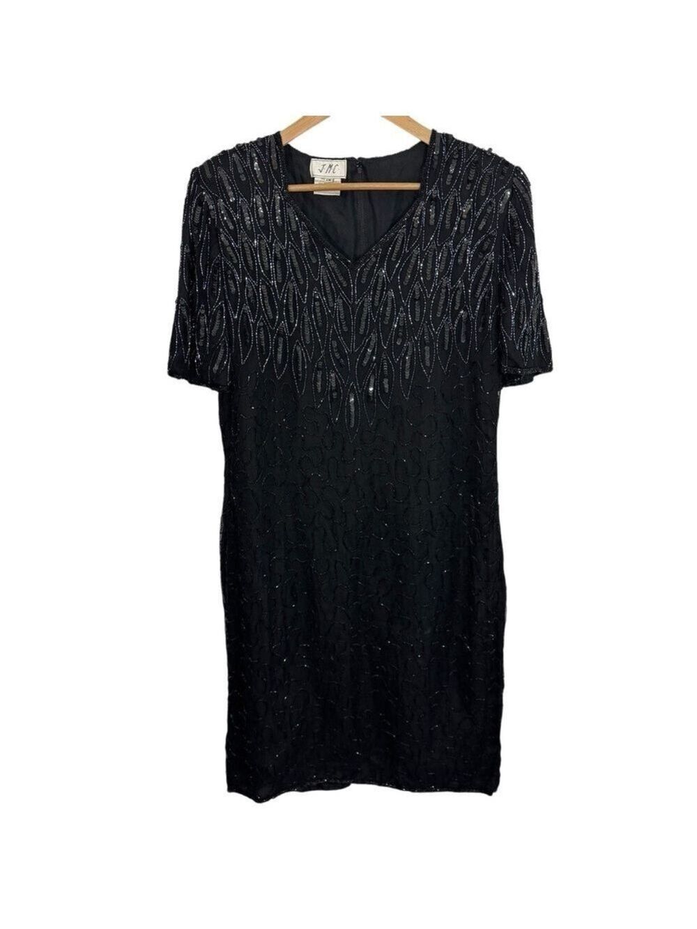 Vtg JMC 100% Silk Beaded Dress Sz 1X Black Knee Length Elegant Cocktail Party